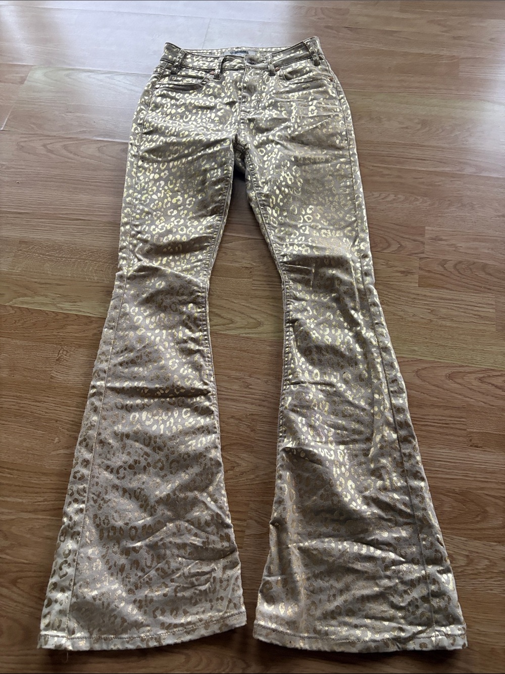 Metallic Gold Leopard Print Flare Jeans